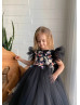 Black 3D Floral Lace Tulle Flower Girl Dress With Bow Black 3D Floral Lace Tulle Flower Girl Dress With Bow